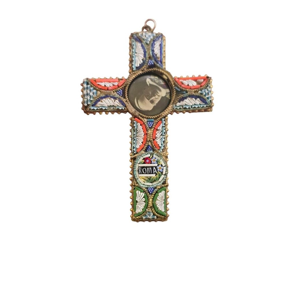 Antique Micro Mosaic Roma Pope Cross Pendant (A8565)